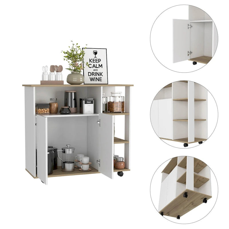Kitchen Cart with Four Casters, Four Open Shelves and Double Door Cabinet in Light Oak and White