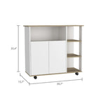 Kitchen Cart with Four Casters, Four Open Shelves and Double Door Cabinet in Light Oak and White