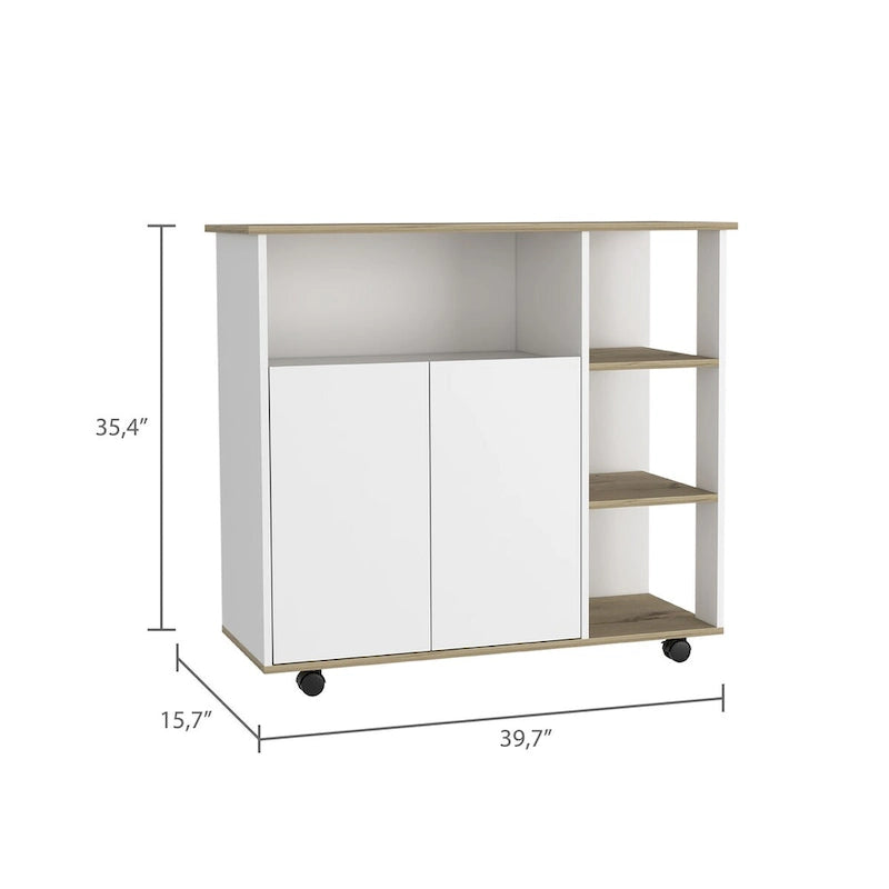 Kitchen Cart with Four Casters, Four Open Shelves and Double Door Cabinet in Light Oak and White