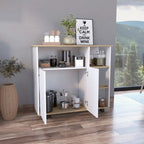 Kitchen Cart with Four Casters, Four Open Shelves and Double Door Cabinet in Light Oak and White