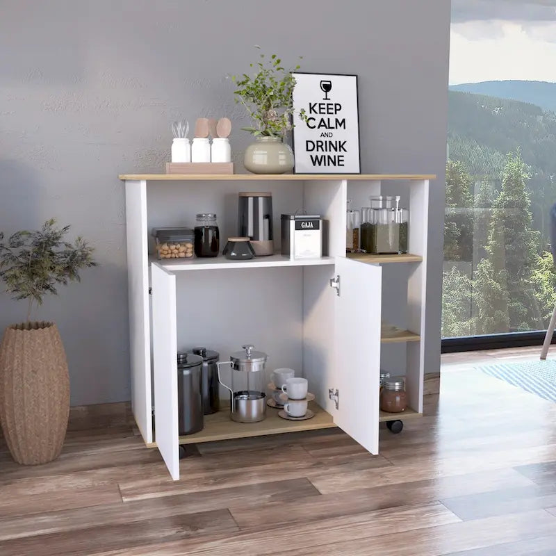 Kitchen Cart with Four Casters, Four Open Shelves and Double Door Cabinet in Light Oak and White