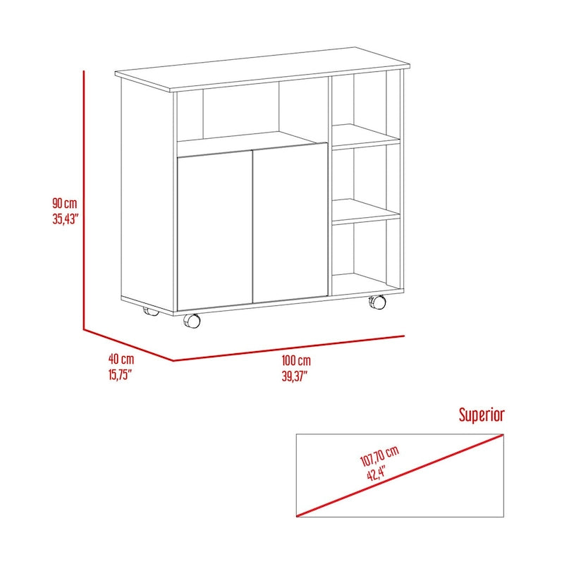 Kitchen Cart with Four Casters, Four Open Shelves and Double Door Cabinet in Light Oak and White