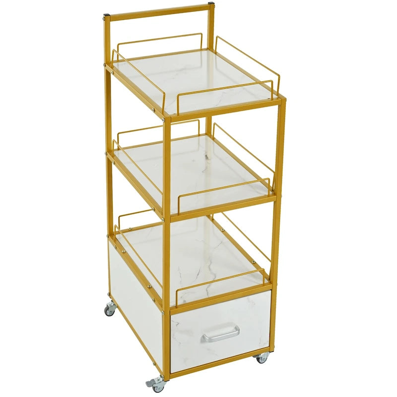 3-Tier Storage Cart with Drawer on Wheels, Faux Marble Board and Metal Frame