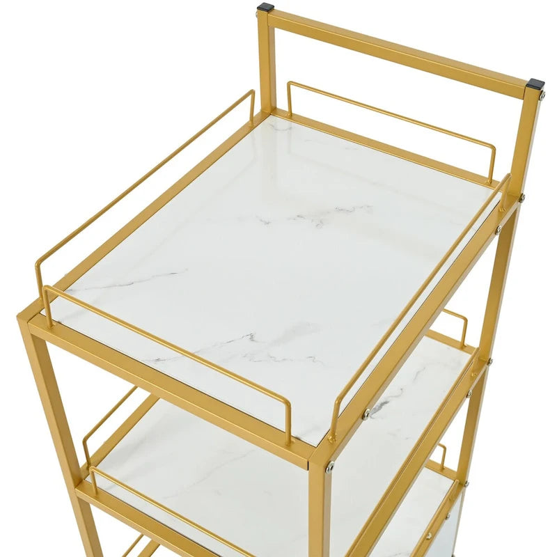 3-Tier Storage Cart with Drawer on Wheels, Faux Marble Board and Metal Frame