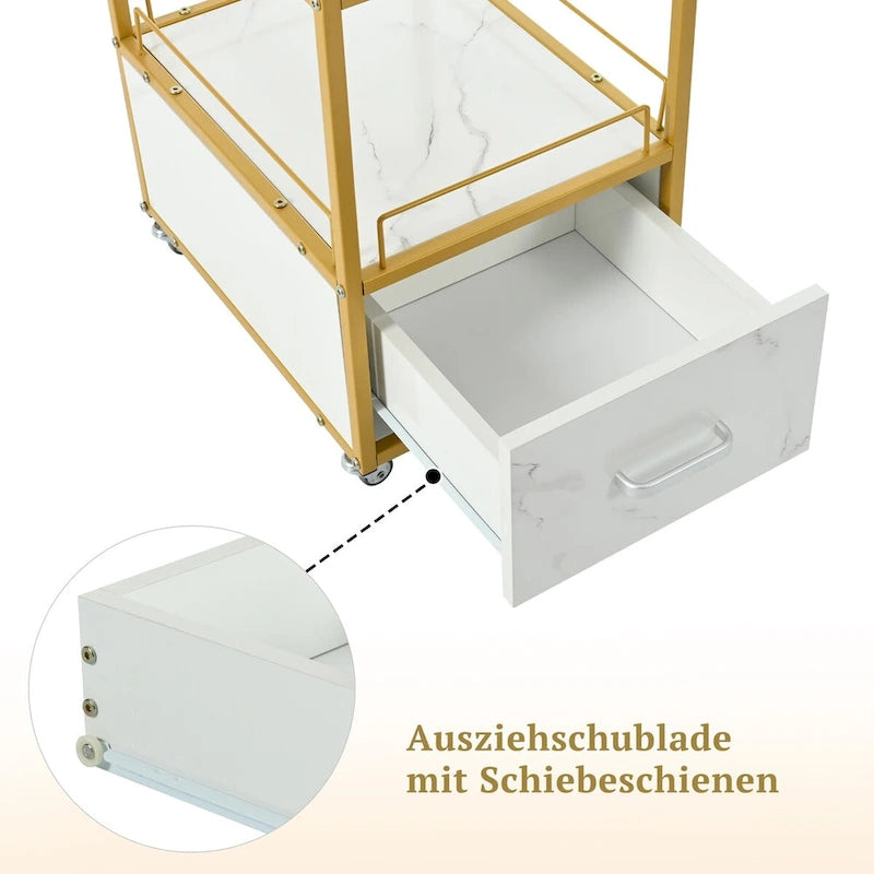 3-Tier Storage Cart with Drawer on Wheels, Faux Marble Board and Metal Frame