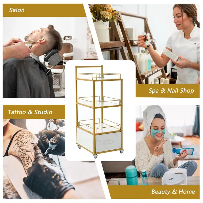 3-Tier Storage Cart with Drawer on Wheels, Faux Marble Board and Metal Frame