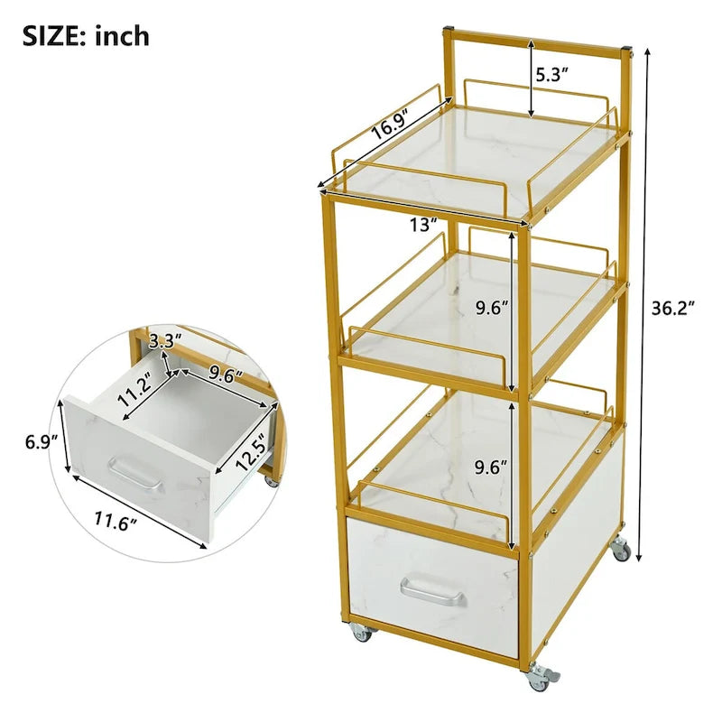 3-Tier Storage Cart with Drawer on Wheels, Faux Marble Board and Metal Frame