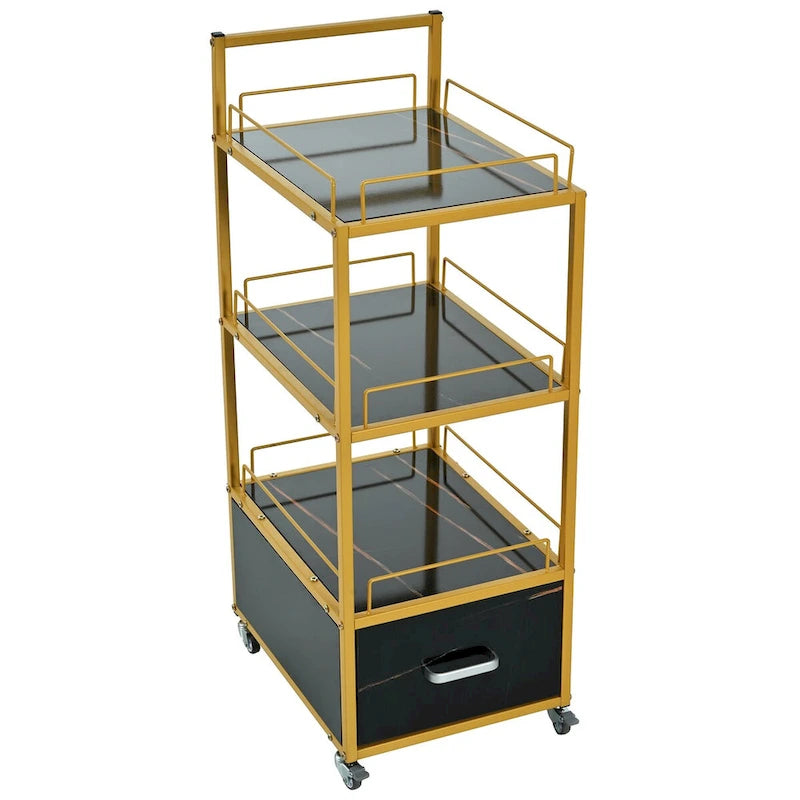 3-Tier Storage Cart with Drawer on Wheels, Faux Marble Board and Metal Frame