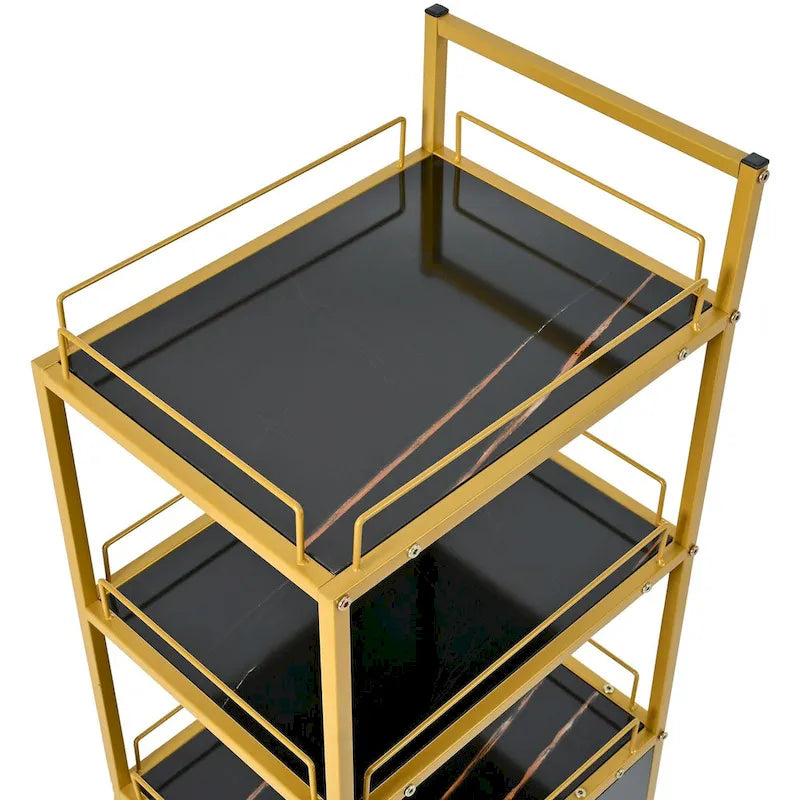 3-Tier Storage Cart with Drawer on Wheels, Faux Marble Board and Metal Frame