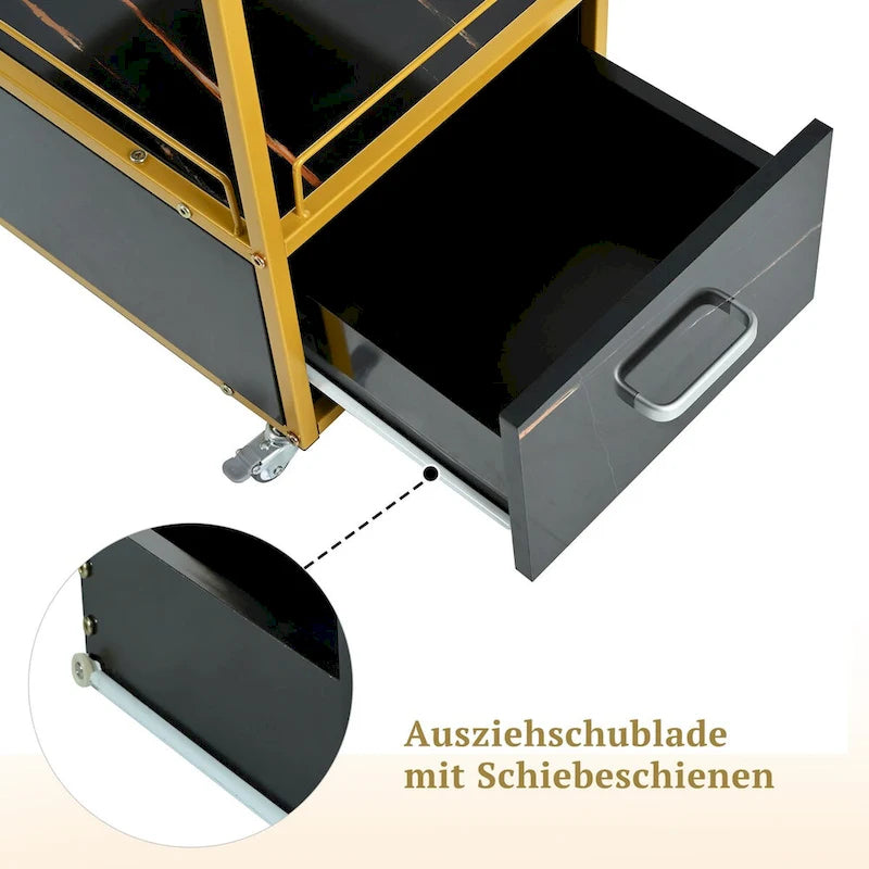 3-Tier Storage Cart with Drawer on Wheels, Faux Marble Board and Metal Frame
