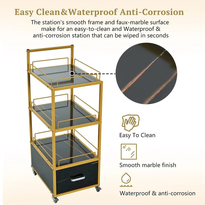 3-Tier Storage Cart with Drawer on Wheels, Faux Marble Board and Metal Frame