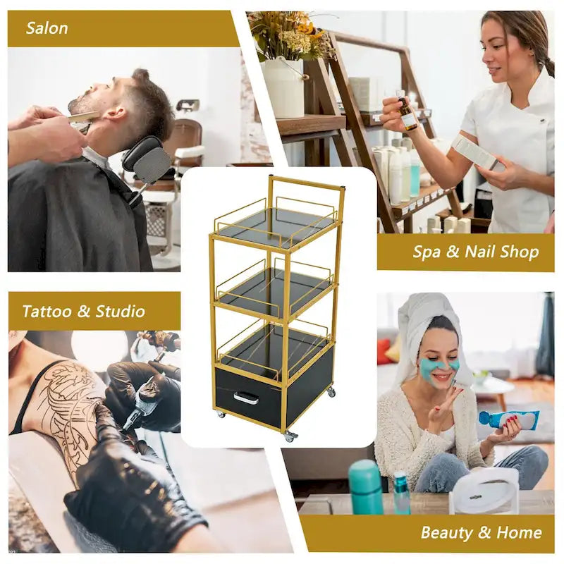 3-Tier Storage Cart with Drawer on Wheels, Faux Marble Board and Metal Frame