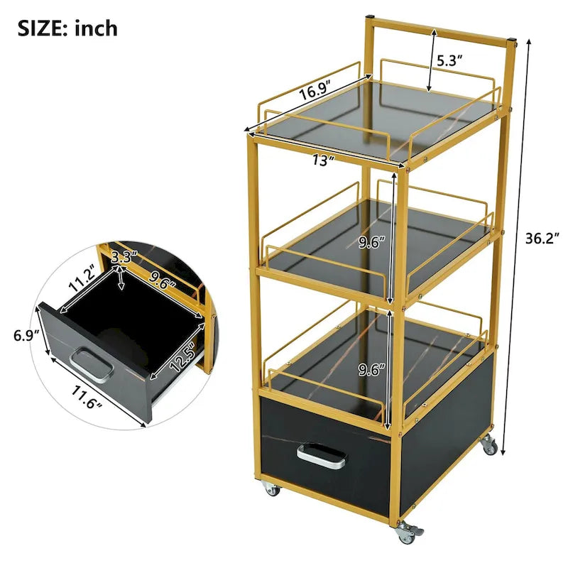 3-Tier Storage Cart with Drawer on Wheels, Faux Marble Board and Metal Frame