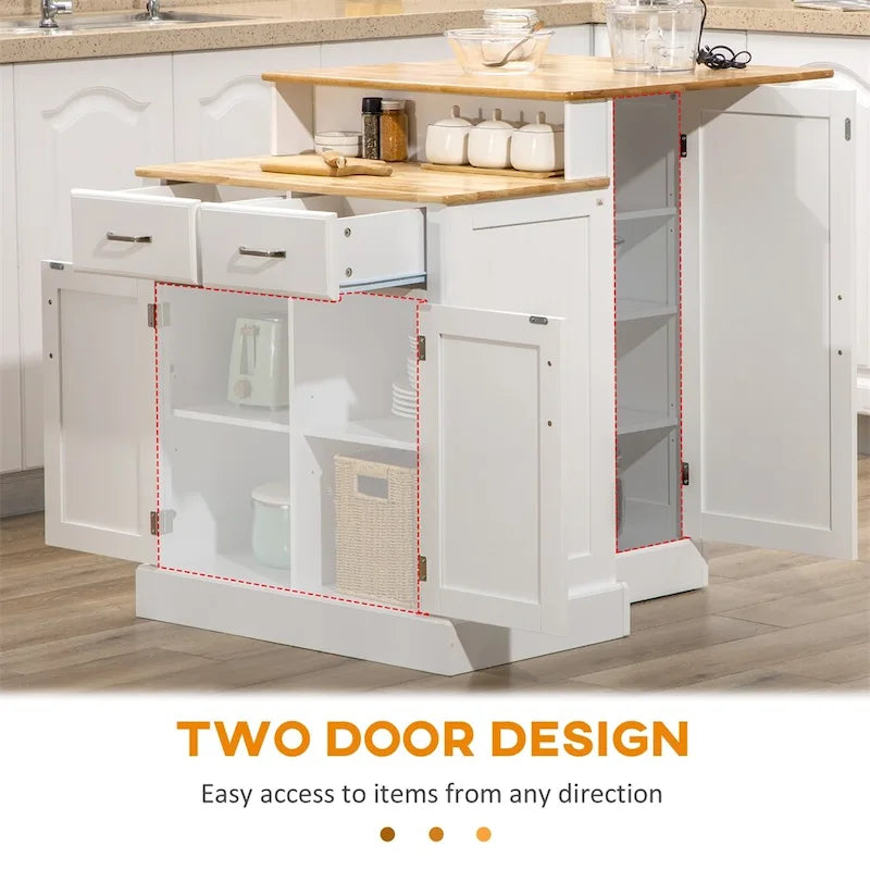 Kitchen Island with Storage Cabinet and Rubber Wood Tabletop