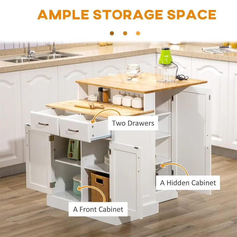 Kitchen Island with Storage Cabinet and Rubber Wood Tabletop
