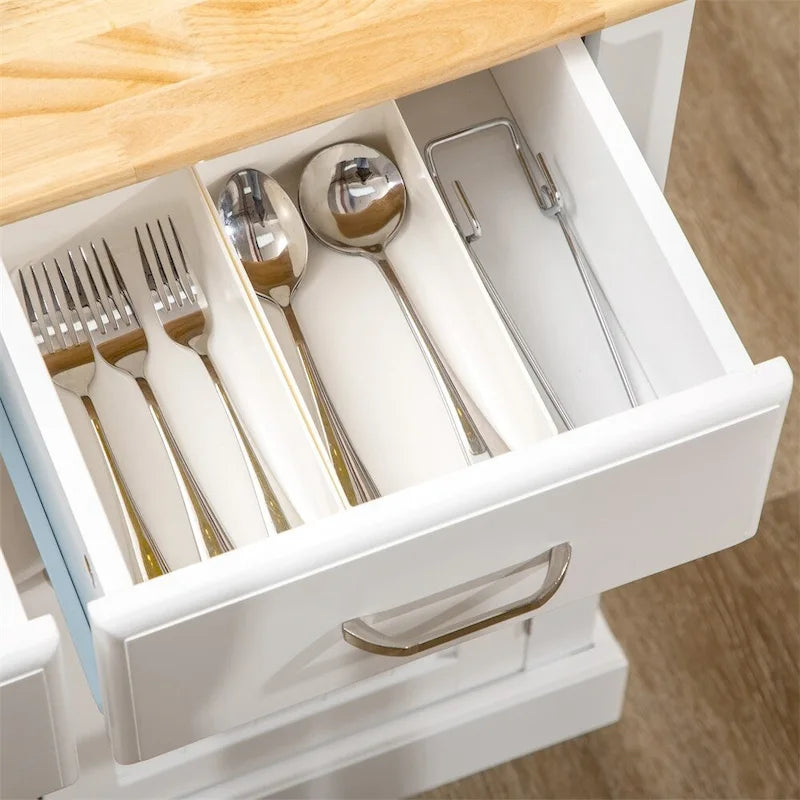 Kitchen Island with Storage Cabinet and Rubber Wood Tabletop