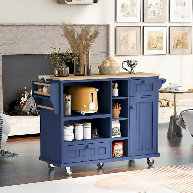 Rubberwood Kitchen Cart with Drop Leaf, Microwave Storage Rack, Exterior Shelves and 2 Drawers
