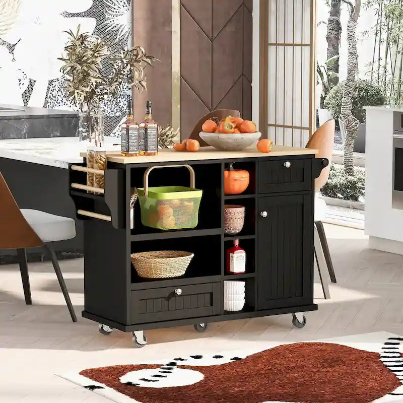 Rubberwood Kitchen Cart with Drop Leaf, Microwave Storage Rack, Exterior Shelves and 2 Drawers