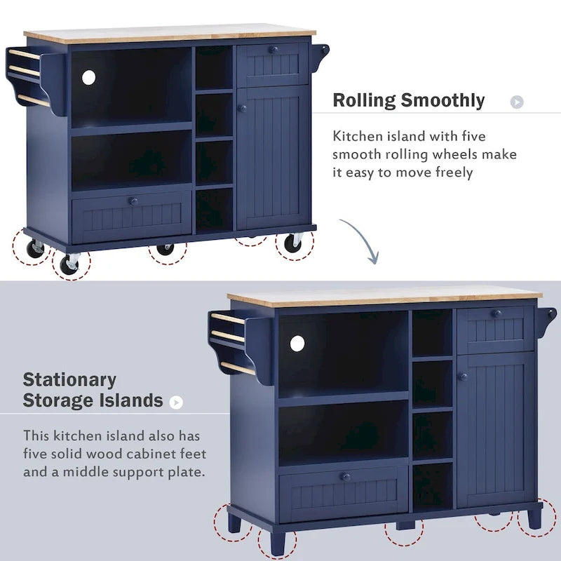 Küchenwagen aus Gummibaumholz mit Klappplatte, Mikrowellenregal, äußeren Ablageflächen und 2 Schubladen