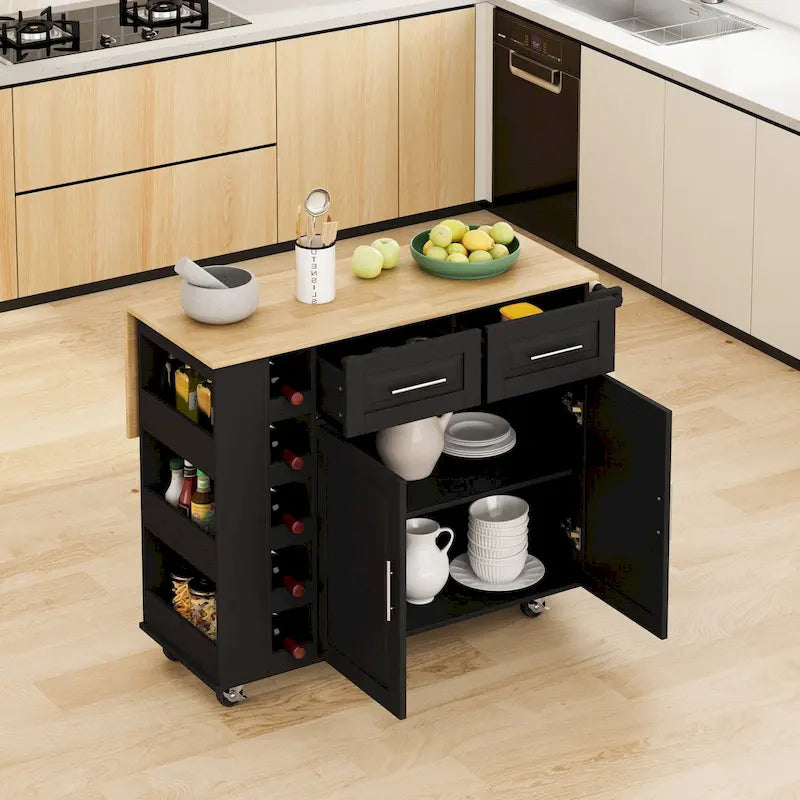 Multi-Functional Kitchen Island Cart with Spice Rack, Towel Holder, Wine Rack and Foldable Rubberwood Top