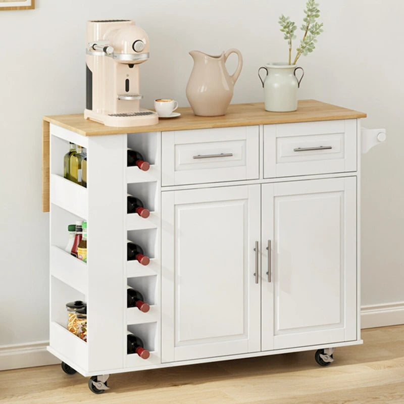 Multi-Functional Kitchen Island Cart with Spice Rack, Towel Holder, Wine Rack and Foldable Rubberwood Top