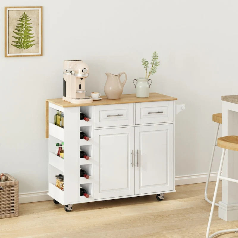 Multi-Functional Kitchen Island Cart with Spice Rack, Towel Holder, Wine Rack and Foldable Rubberwood Top