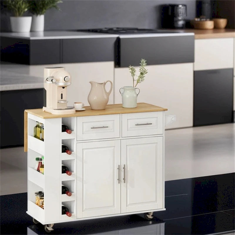 Multi-Functional Kitchen Island Cart with 2-Door Cabinet and Wine Rack