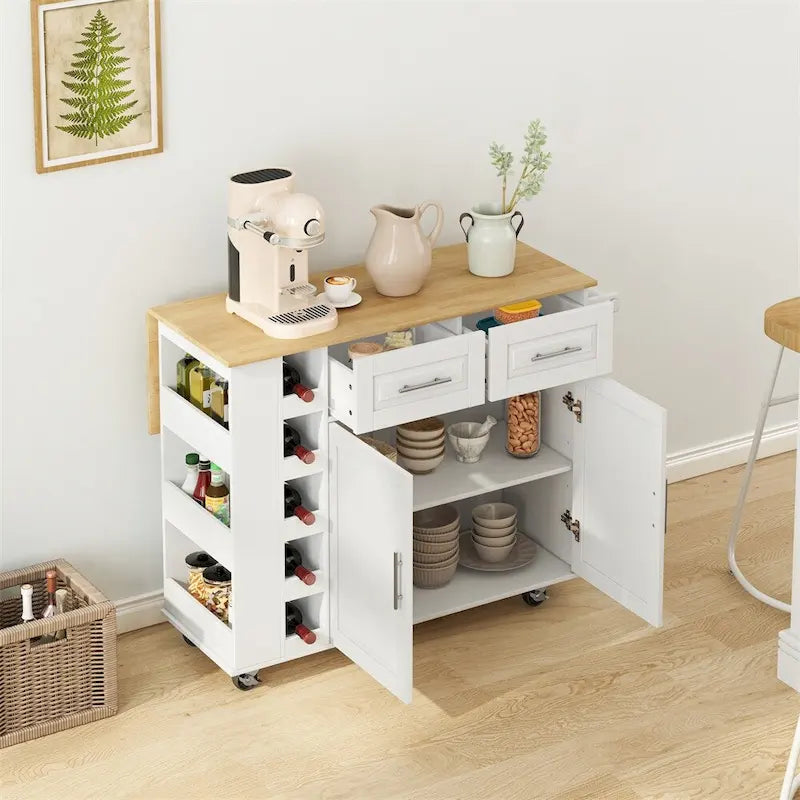 Multi-Functional Kitchen Island Cart with 2-Door Cabinet and Wine Rack