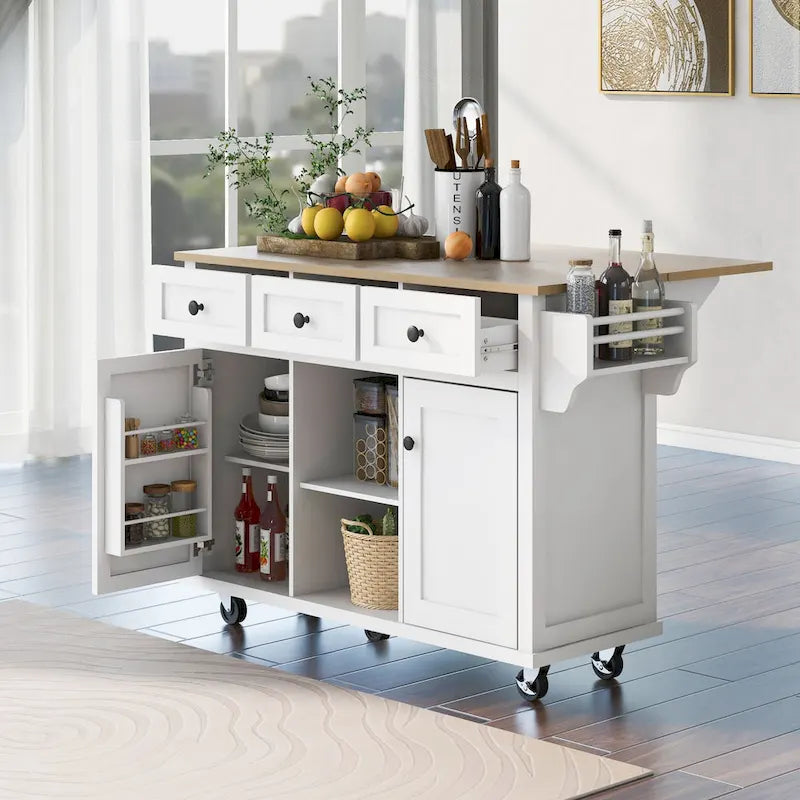 5-Wheel White Kitchen Cart with Rubberwood Drop-Leaf Countertop, Internal Storage Racks and 3-Drawer Cabinet
