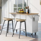5-Wheel White Kitchen Cart with Rubberwood Drop-Leaf Countertop, Internal Storage Racks and 3-Drawer Cabinet