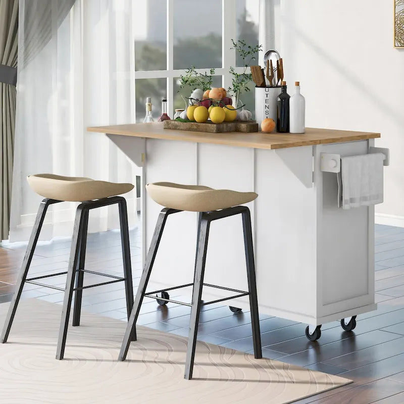 5-Wheel White Kitchen Cart with Rubberwood Drop-Leaf Countertop, Internal Storage Racks and 3-Drawer Cabinet