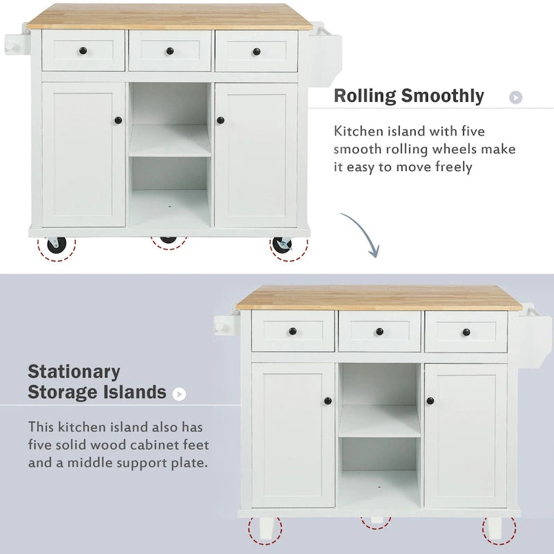 5-Wheel White Kitchen Cart with Rubberwood Drop-Leaf Countertop, Internal Storage Racks and 3-Drawer Cabinet