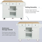 5-Wheel White Kitchen Cart with Rubberwood Drop-Leaf Countertop, Internal Storage Racks and 3-Drawer Cabinet