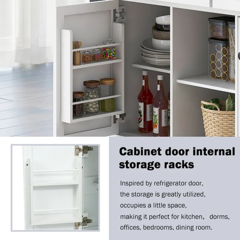 5-Wheel White Kitchen Cart with Rubberwood Drop-Leaf Countertop, Internal Storage Racks and 3-Drawer Cabinet