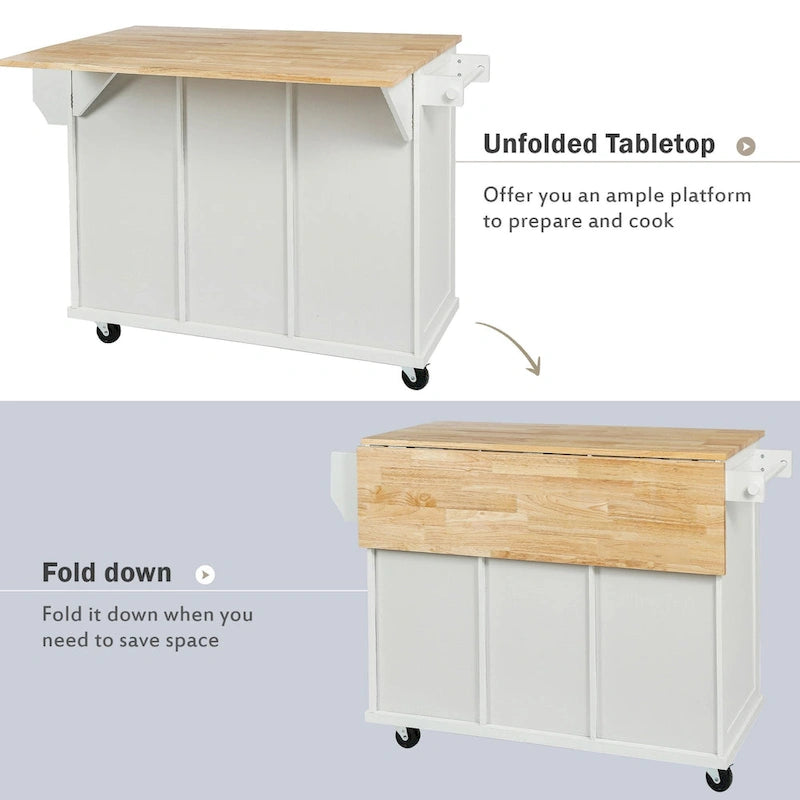 5-Wheel White Kitchen Cart with Rubberwood Drop-Leaf Countertop, Internal Storage Racks and 3-Drawer Cabinet