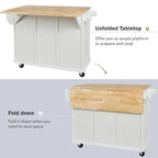 5-Wheel White Kitchen Cart with Rubberwood Drop-Leaf Countertop, Internal Storage Racks and 3-Drawer Cabinet