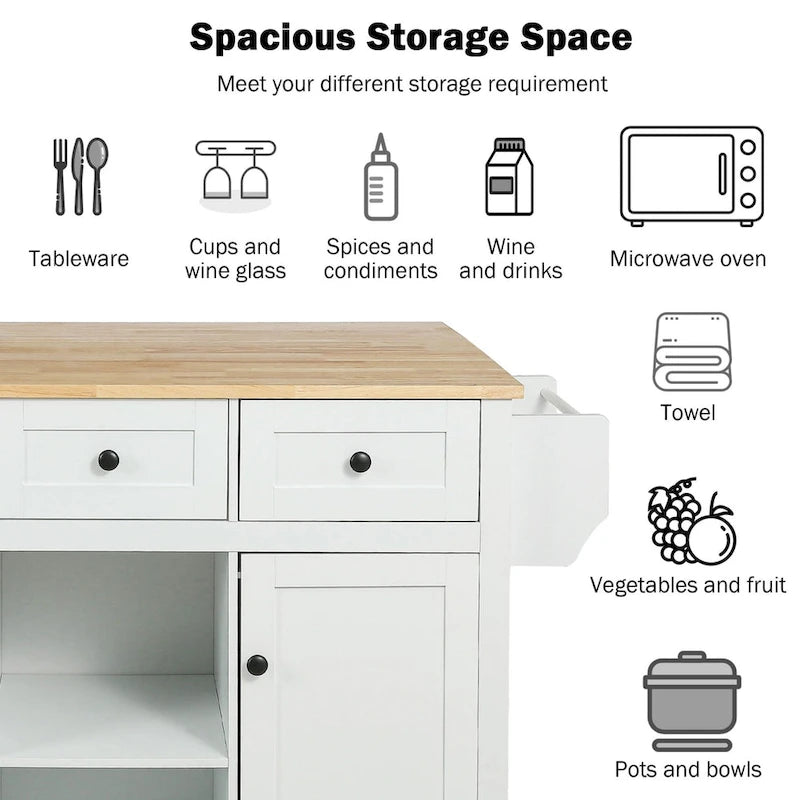 5-Wheel White Kitchen Cart with Rubberwood Drop-Leaf Countertop, Internal Storage Racks and 3-Drawer Cabinet