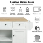 5-Wheel White Kitchen Cart with Rubberwood Drop-Leaf Countertop, Internal Storage Racks and 3-Drawer Cabinet