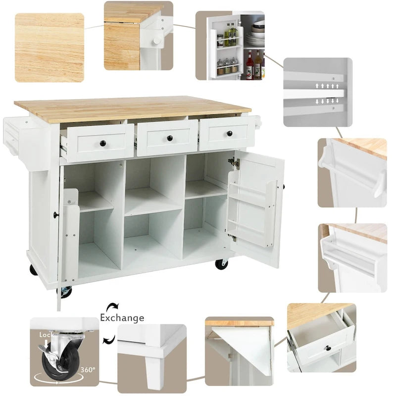 5-Wheel White Kitchen Cart with Rubberwood Drop-Leaf Countertop, Internal Storage Racks and 3-Drawer Cabinet