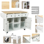 5-Wheel White Kitchen Cart with Rubberwood Drop-Leaf Countertop, Internal Storage Racks and 3-Drawer Cabinet