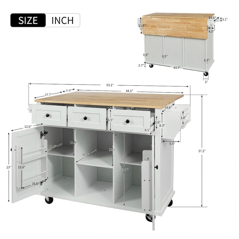 5-Wheel White Kitchen Cart with Rubberwood Drop-Leaf Countertop, Internal Storage Racks and 3-Drawer Cabinet