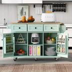 5-Wheel White Kitchen Cart with Rubberwood Drop-Leaf Countertop, Internal Storage Racks and 3-Drawer Cabinet