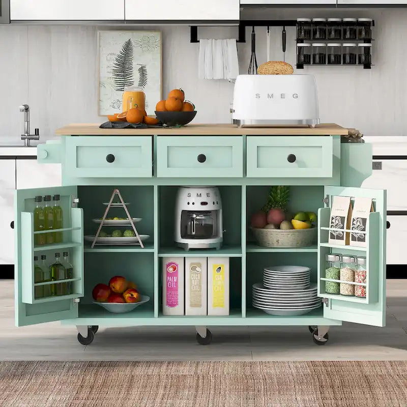 5-Wheel White Kitchen Cart with Rubberwood Drop-Leaf Countertop, Internal Storage Racks and 3-Drawer Cabinet