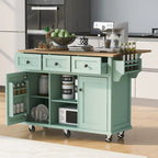 5-Wheel White Kitchen Cart with Rubberwood Drop-Leaf Countertop, Internal Storage Racks and 3-Drawer Cabinet