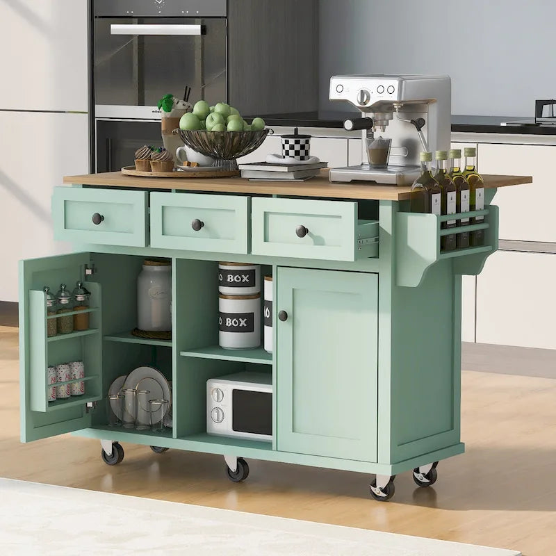 5-Wheel White Kitchen Cart with Rubberwood Drop-Leaf Countertop, Internal Storage Racks and 3-Drawer Cabinet