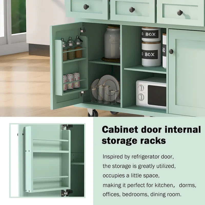 5-Wheel White Kitchen Cart with Rubberwood Drop-Leaf Countertop, Internal Storage Racks and 3-Drawer Cabinet