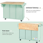 5-Wheel White Kitchen Cart with Rubberwood Drop-Leaf Countertop, Internal Storage Racks and 3-Drawer Cabinet