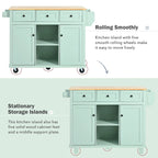 5-Wheel White Kitchen Cart with Rubberwood Drop-Leaf Countertop, Internal Storage Racks and 3-Drawer Cabinet