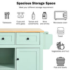 5-Wheel White Kitchen Cart with Rubberwood Drop-Leaf Countertop, Internal Storage Racks and 3-Drawer Cabinet