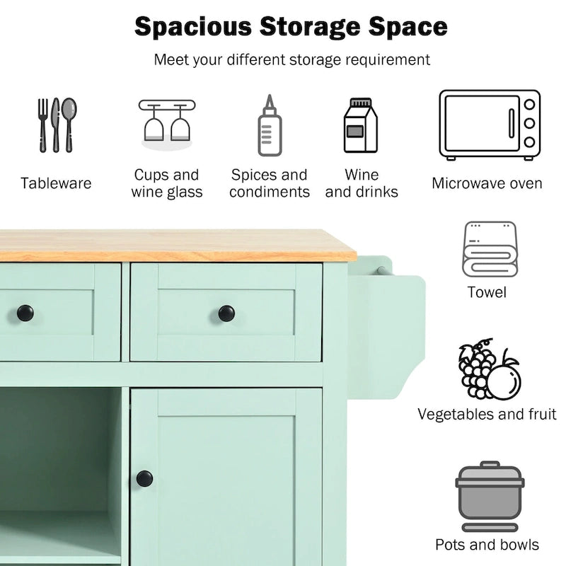 5-Wheel White Kitchen Cart with Rubberwood Drop-Leaf Countertop, Internal Storage Racks and 3-Drawer Cabinet